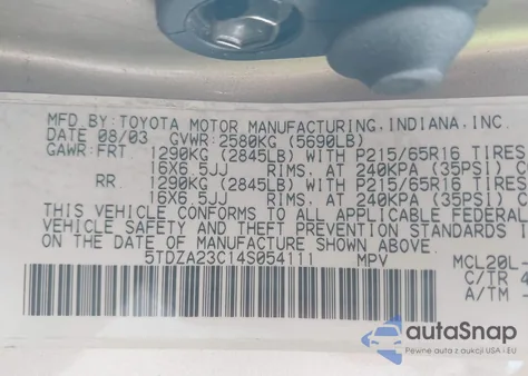 2004 Toyota Sienna Le из США, поврежденный, VIN 5TDZA23C14S054111